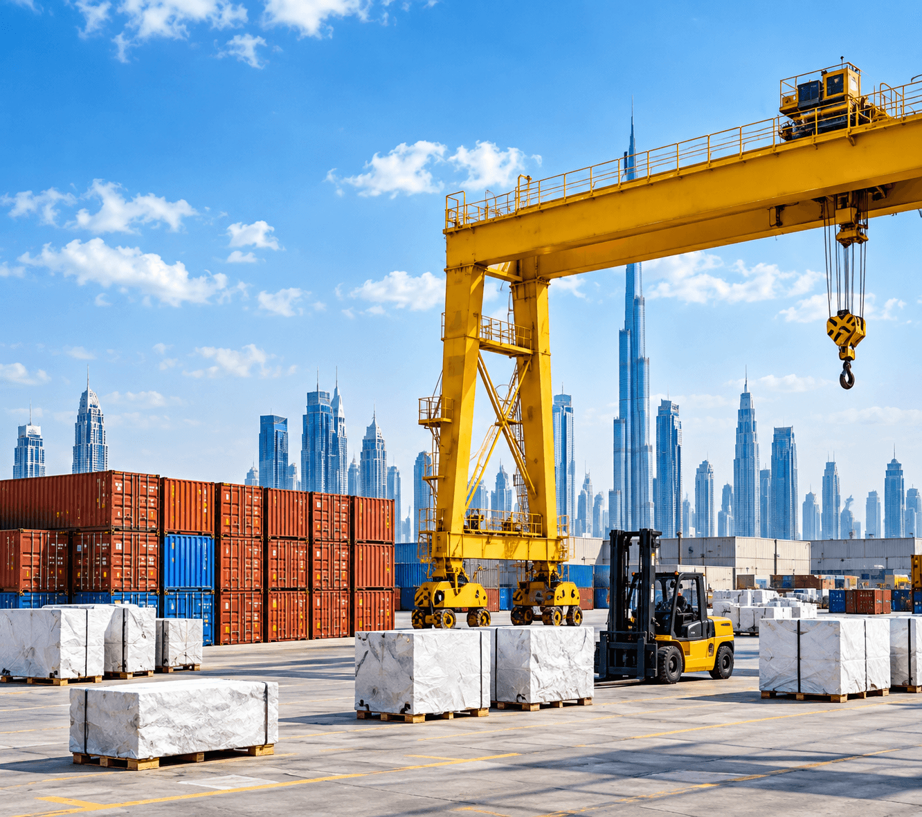 Finished granite inventory in the Gulf yard, with Dubai on the horizon