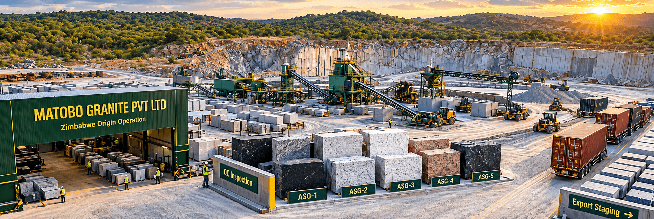 MATOBO GRANITE PVT LTD plant and graded block yard in Zimbabwe