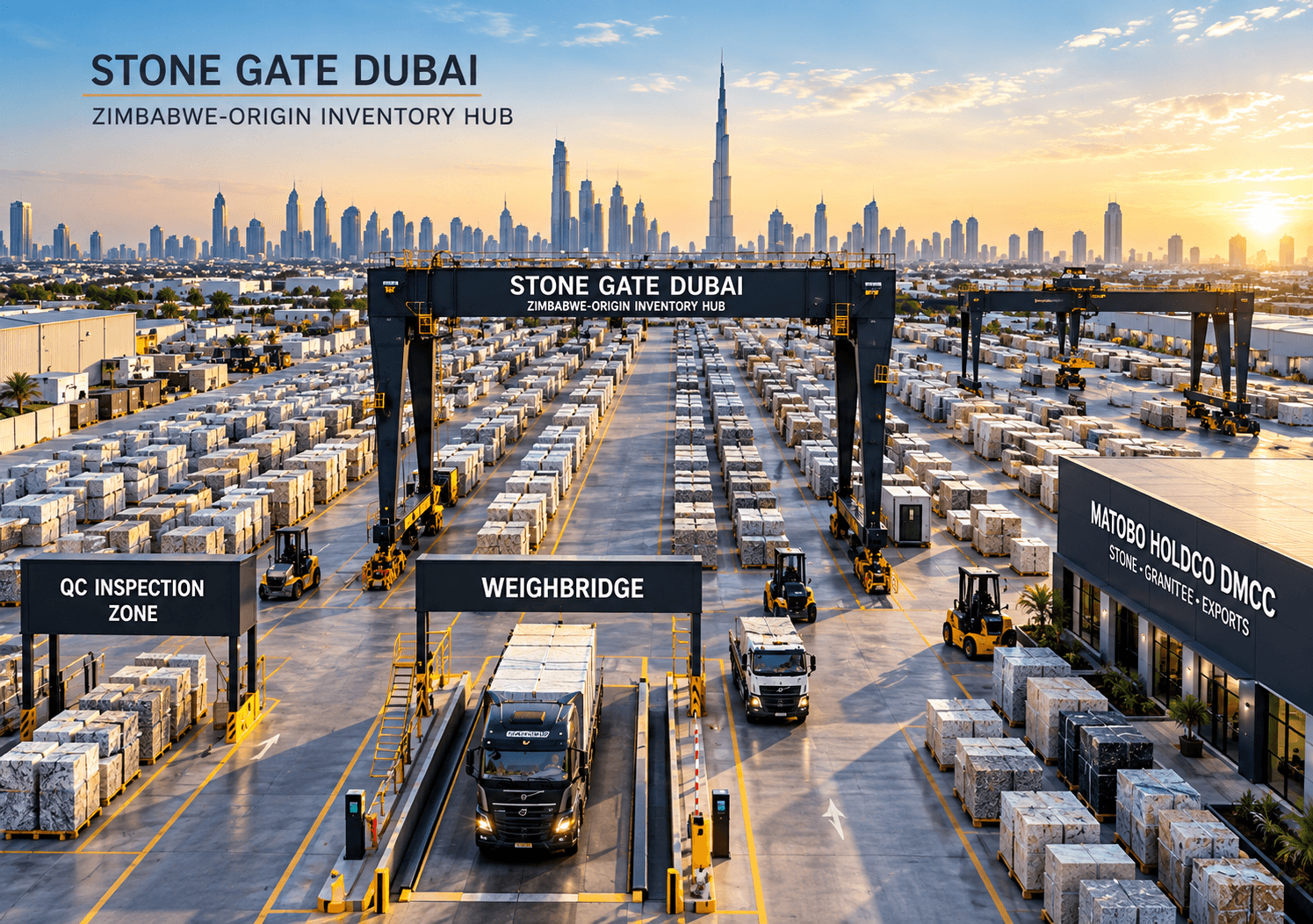 Dubai Stone Gate inventory hub with inspection, weighbridge and finished stone lots